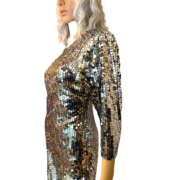 Oleg Cassini EUC Size 12 Vintage Silver Sequined 70s Disco Mini Dress (0470) - Picture 5 of 11